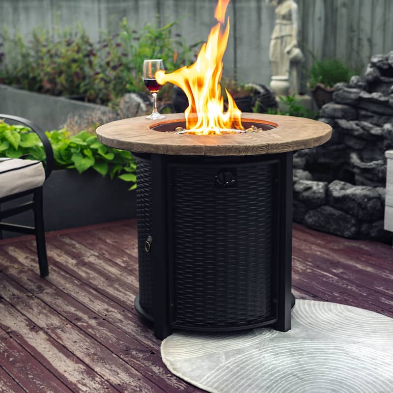 GDFStudio - Phoenix Round Steel Fire Pit Table with Steel Lid and Lava Rocks - Black+30inch,MGO