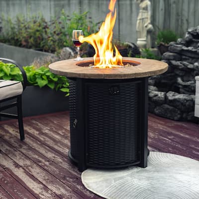 GDFStudio - Phoenix Round Steel Fire Pit Table with Steel Lid and Lava Rocks