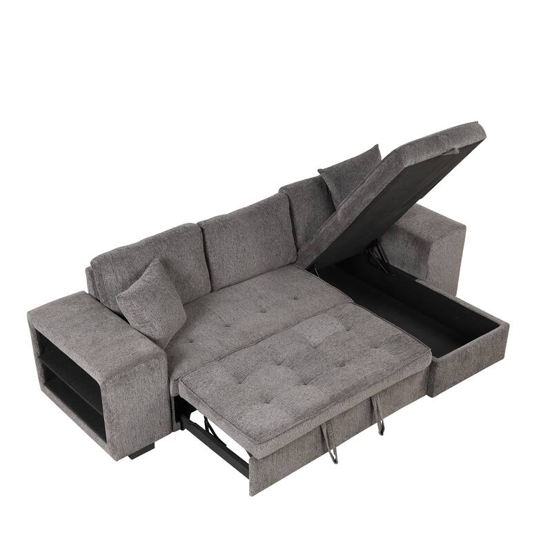Modern L-Shape 3 Seat Reversible Sectional Couch, Pull Out Sleeper Sofa with Storage Chaise and 2 Stools
