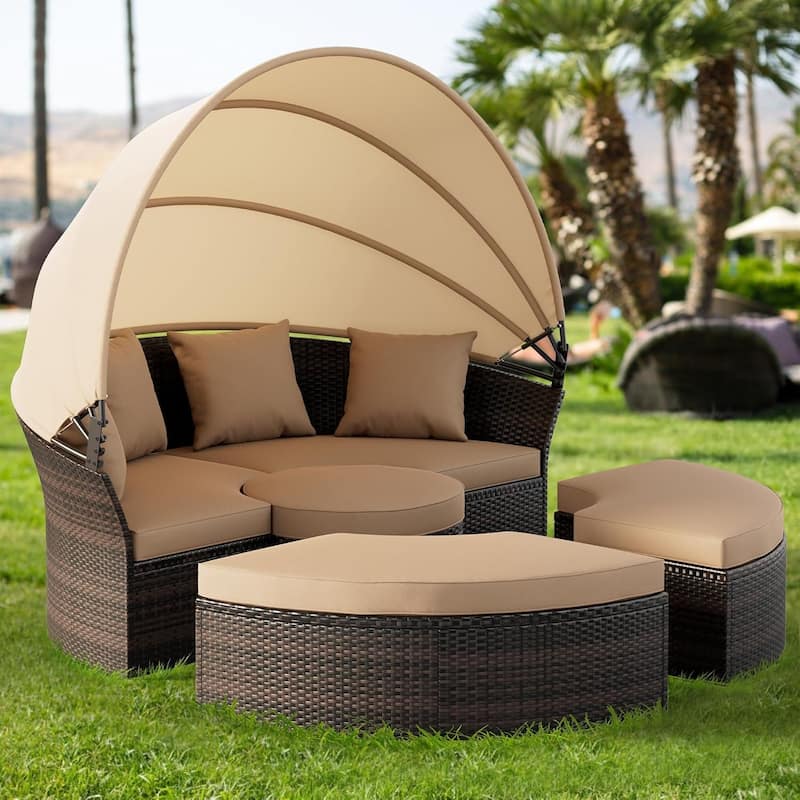 Outdoor Patio Furniture Wicker Rattan Daybed Round Sectional Sofa Conversation Set Separated Seating - 5 Piece Brown