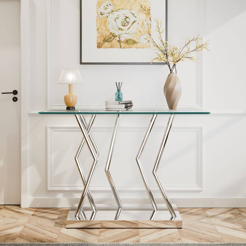 Tempered Glass Top Console Table, Entryway Sofa Table with Metal Base - 43.3"L x 15.8"W x 29.9"H