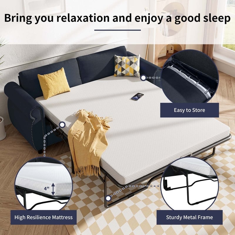 Mixoy Full/Queen Size Pull Out 2 in 1 Sleeper Sofa Bed with Mattress,Convertible Upholstered Loveseat with Nailhead