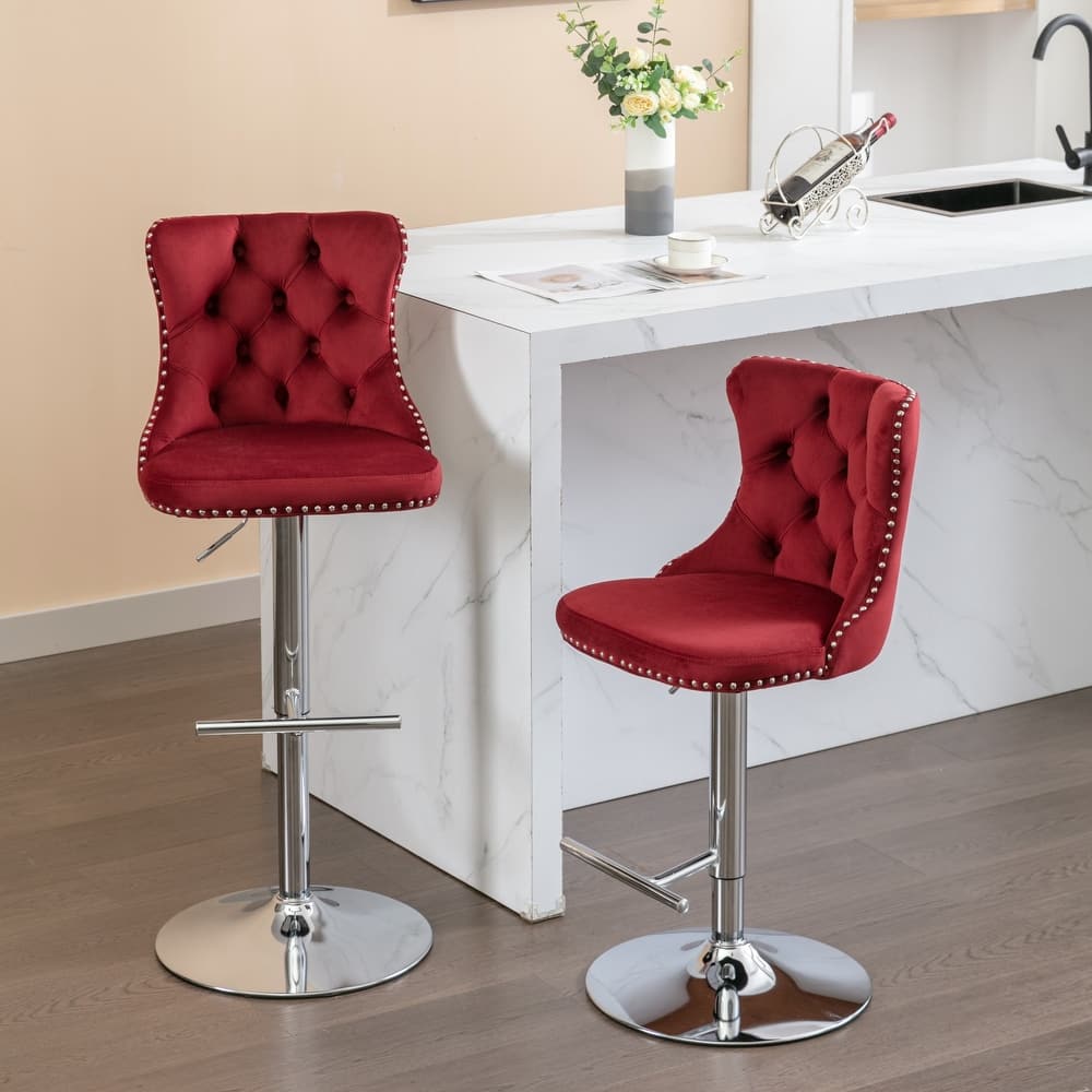 Velvet Swivel Bar Stools Set of 2, Kitchen Island Chairs with Adjusatble Height, Upholstered Bar Stools with Tufted Back