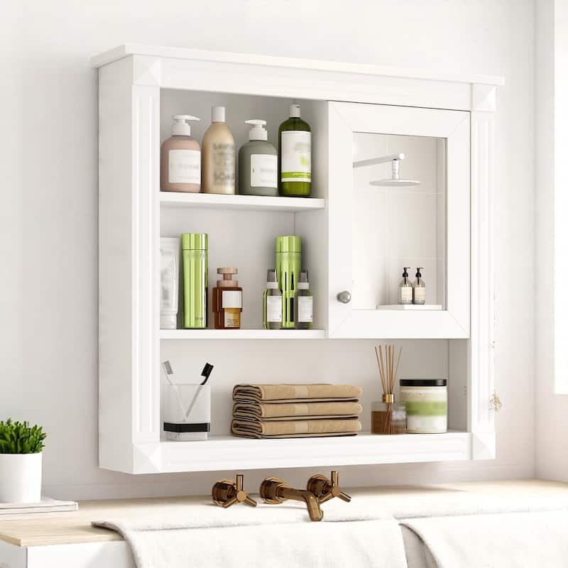Bathroom Wall Cabinet with Mirror Door, 32" Over Toilet Storage with 4 Adjustable Shelves - White