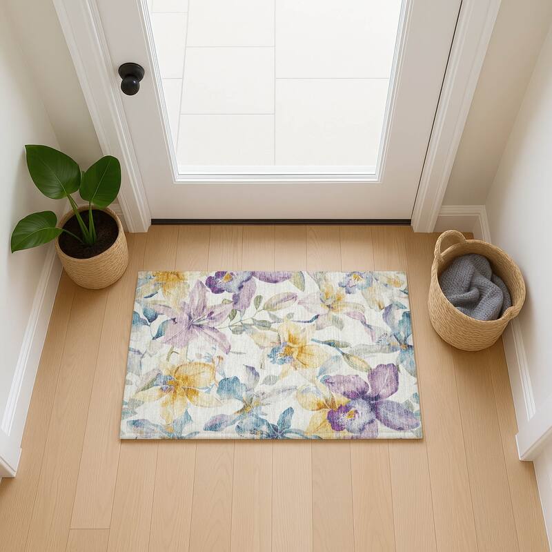 Machine Washable Indoor/ Outdoor Modern Floral Chantille Rug