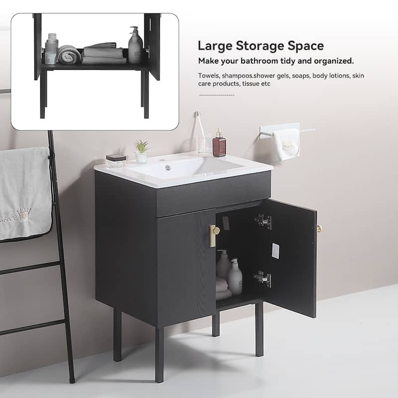 Bathroom Vanity with Metal Leg, White Ceramic Basin & 2 Soft Close Doors