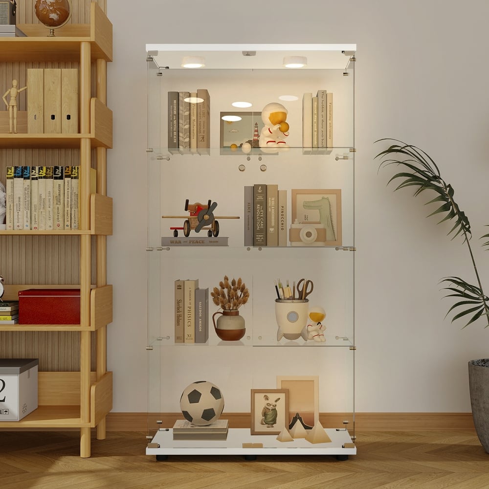Tempered Glass Display Cabinet w/Multi-Color LED Lights, Door Lock & Adjustable Floor Feet for Flexible Placement