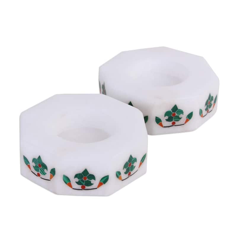Novica Handmade Floral Alliance In Green Marble Tealight Holders (Pair)