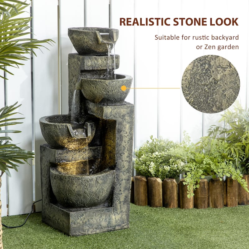Outsunny Outdoor Fountain with 4-Tier Stacked Stone Look Bowls, Cascading Waterfall, Adjustable Flow & LED Lights