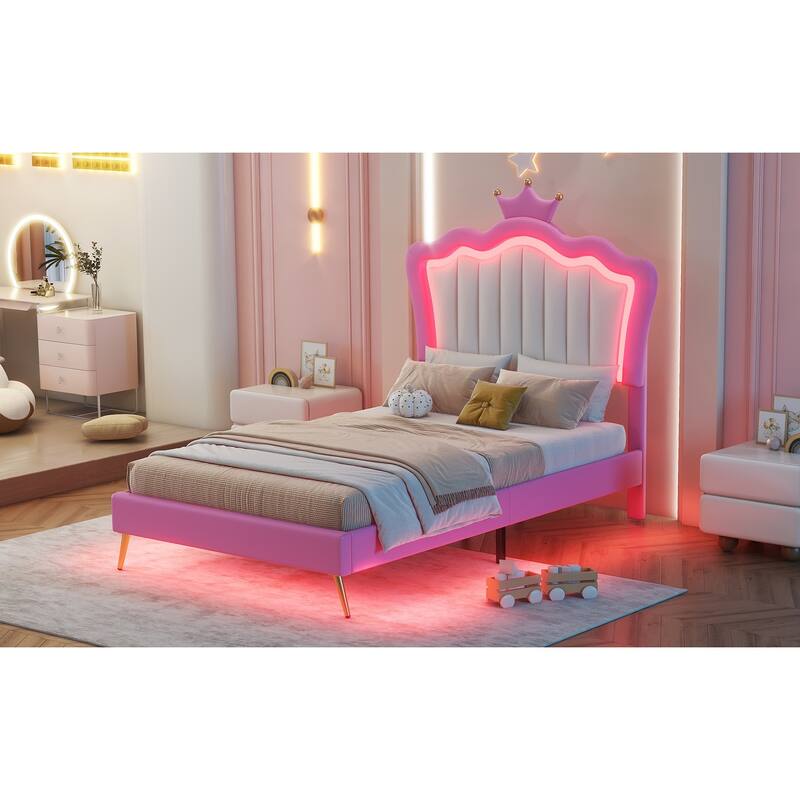 Twin Size Upholstered Princess Bed with Crown Headboard and LED Lights, Pink and White