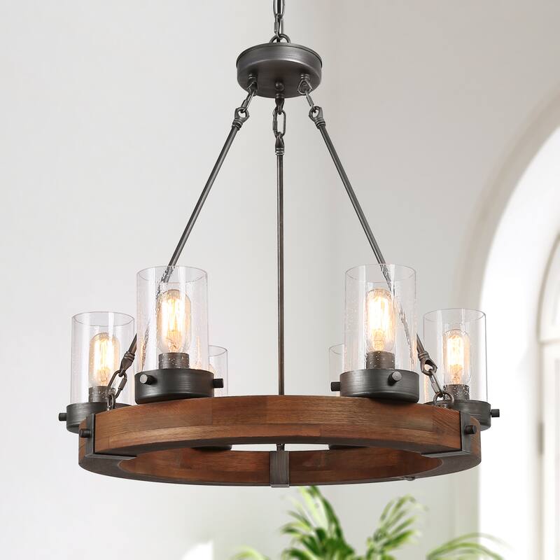 Carbon Loft Farmhouse 6-Light Wagon Wheel Wood Chandelier for Dining Room - Iron Rod-D24.8" x H27.2"