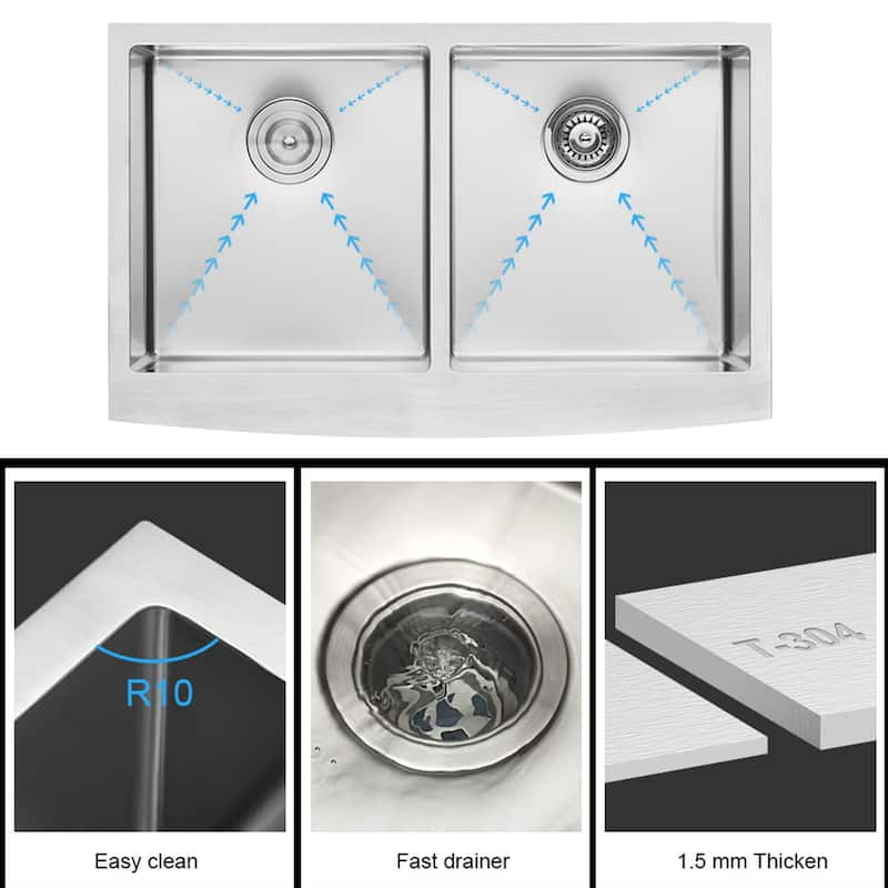 33-in 16 Gauge Stainless Steel Double Bowl Farmhouse Kitchen Sink