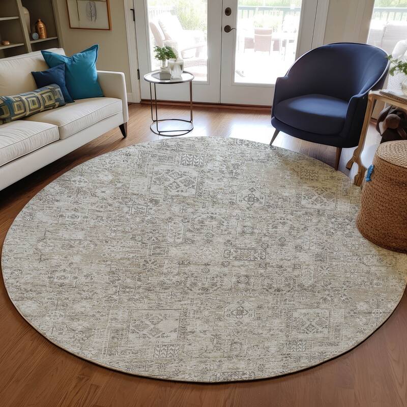 Machine Washable Indoor/ Outdoor Chantille Traditional Vintage Rug - Taupe - 8' x 8'
