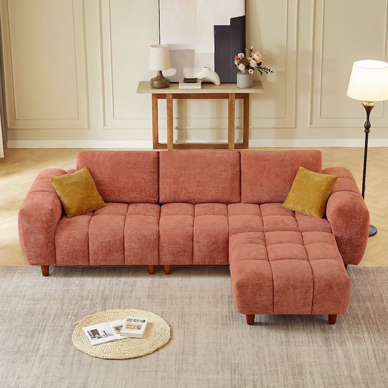 Convertible L Shaped Sectional Sofa Couch for Living Room and Office - Caramel - With Ottoman