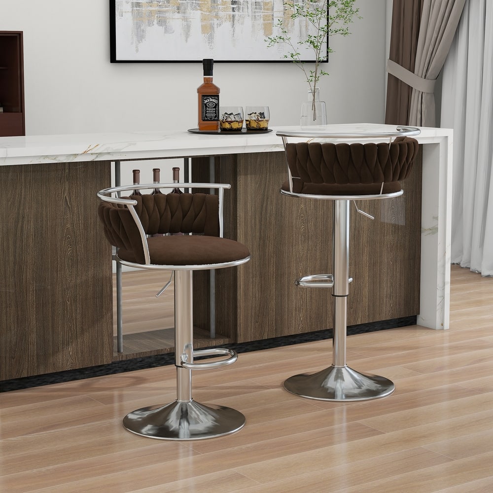 2 Set Velvet Swivel Adjustable Bar Stools with Footrest