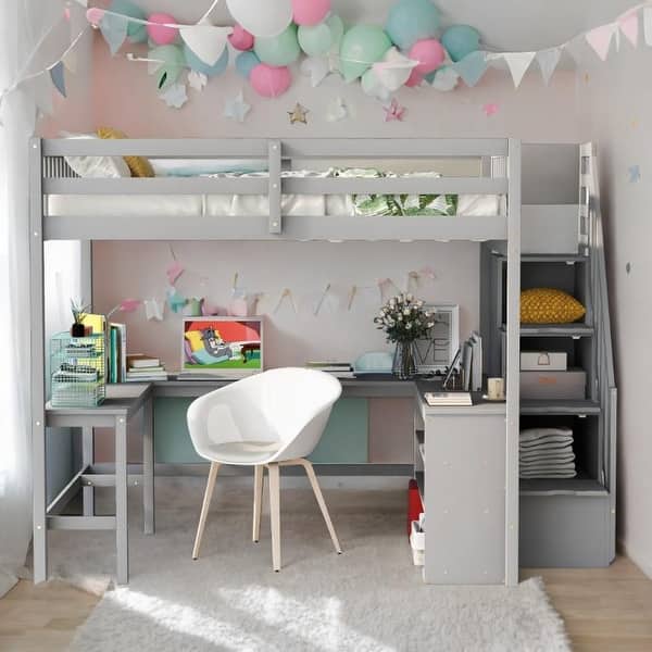 slide 2 of 19, Full Size Loft Bed with Built-in L-Shaped Desk and Storage Shelves Gray