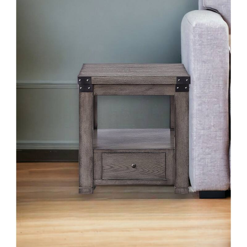 24" Grey Wood Square Side End Table with Drawer and Shelf for Living Room or Bedroom - 21''L x 21''W x 24''H
