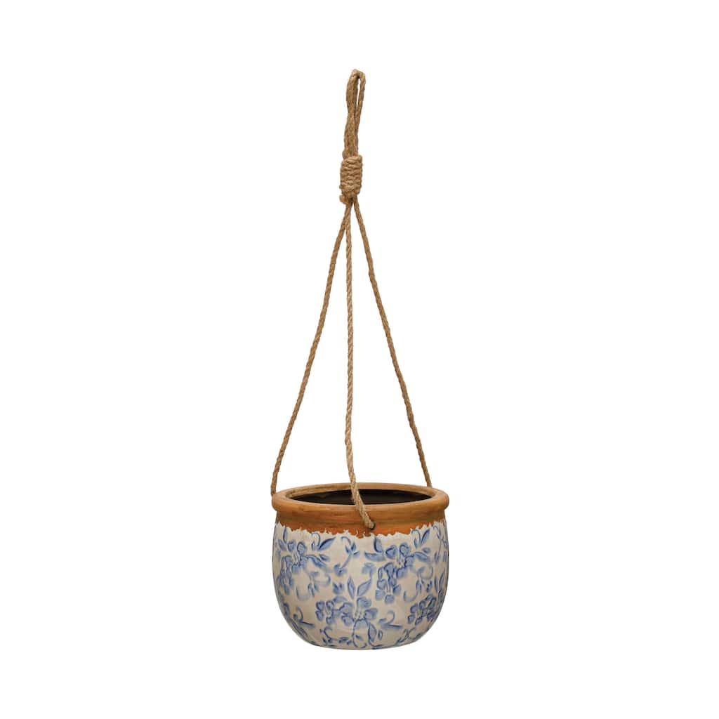 Terracotta Hanging Planter with Jute Rope - 6.1"L x 6.1"W x 5.1"H