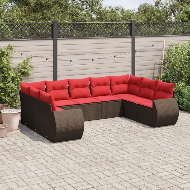 vidaXL 9 Piece Patio Sofa Set with Cushions Grey Poly Rattan - 24.4" x 24.4" x 27.2" - Brown and red Without table