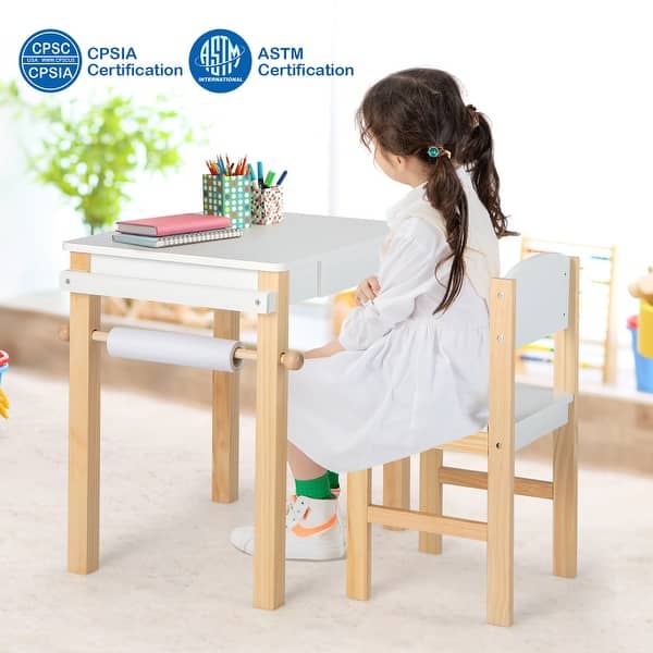 Kids Table and Chair Set Wooden Drawing Study Desk w Paper Roll - Main Image