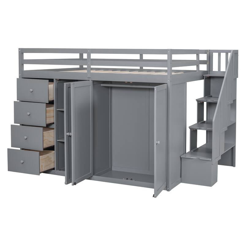 Full Size Wood Loft Bed With Built-in Wardrobes, Cabinets and Drawers