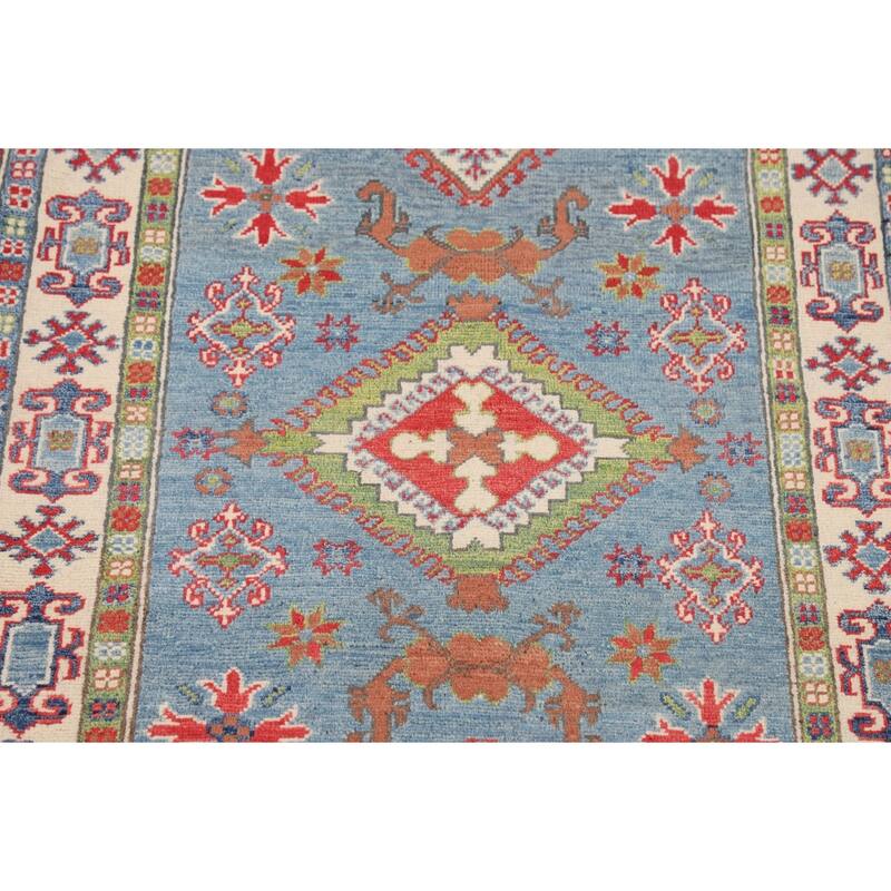 Light Blue Geometric Kazak Rug Hand-Knotted Wool Carpet - 3'3" x 4'11"