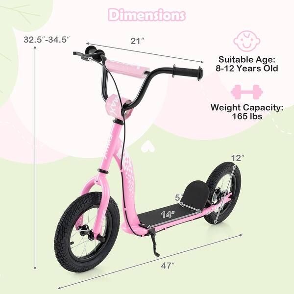 dimension image slide 1 of 2, Gymax Kids Scooter w/ Adjustable Height Handlebar 12-Inch Inflatable