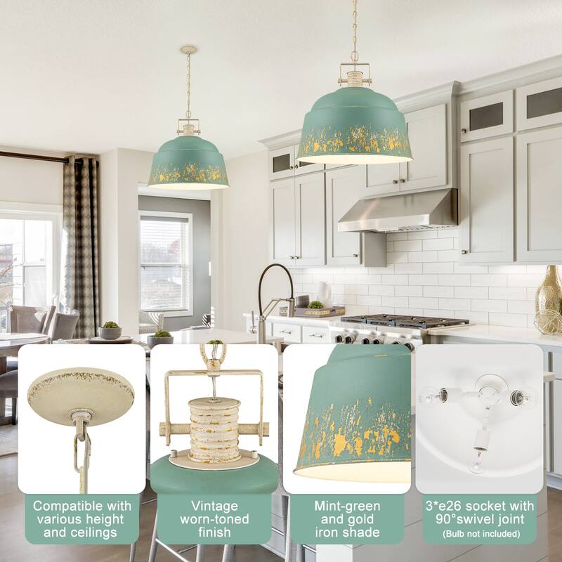 3-Light Industrial Pendant Light with Distressed Metal Dome Shade - 3-Lights