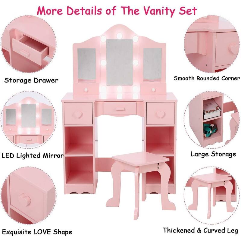 Kids Vanity Table, Girls Vanity with Tri-Folding Mirror