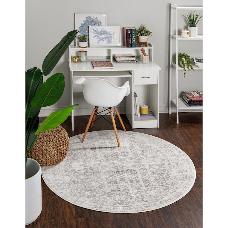 Contemporary Trabzon Collection Area Rug - Cream-Gray - 7' Round