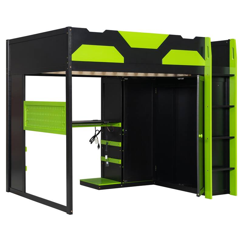 Full Size Wood Loft Bed with Desk - Multi-Storage Shelves, USB & RGB Light, Study Loft Bed