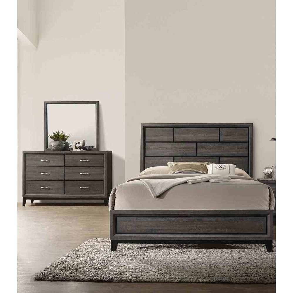 3pc Gray Bed Dresser Mirror Contemporary Bedroom Set