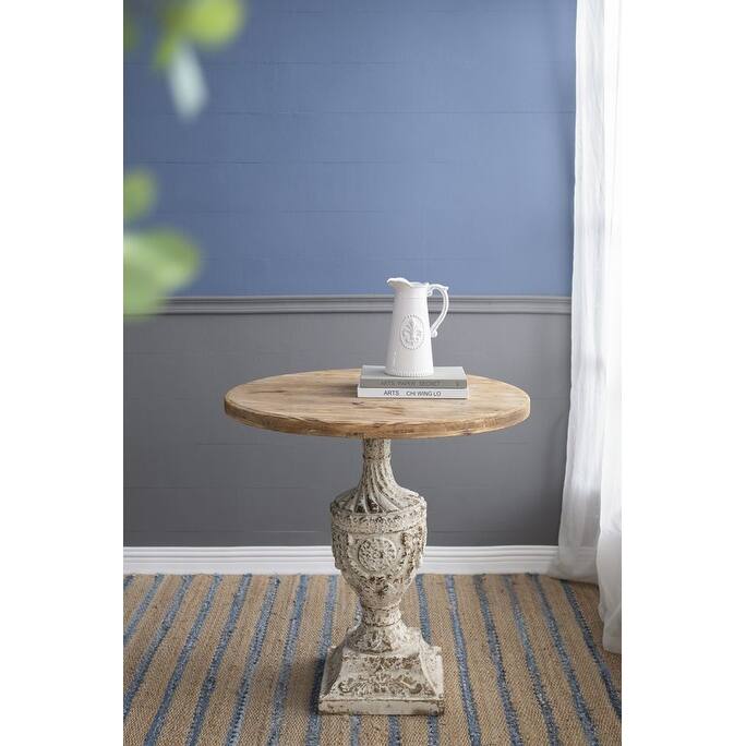 Antique Round Wood Table - Wood - Antique White+Gray