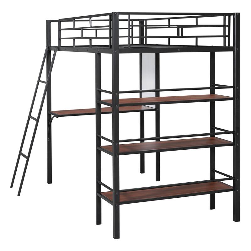 Twin Size Metal Loft Bed with 3-Tier Shelves, Desk, and Whiteboard, Black/White Finish