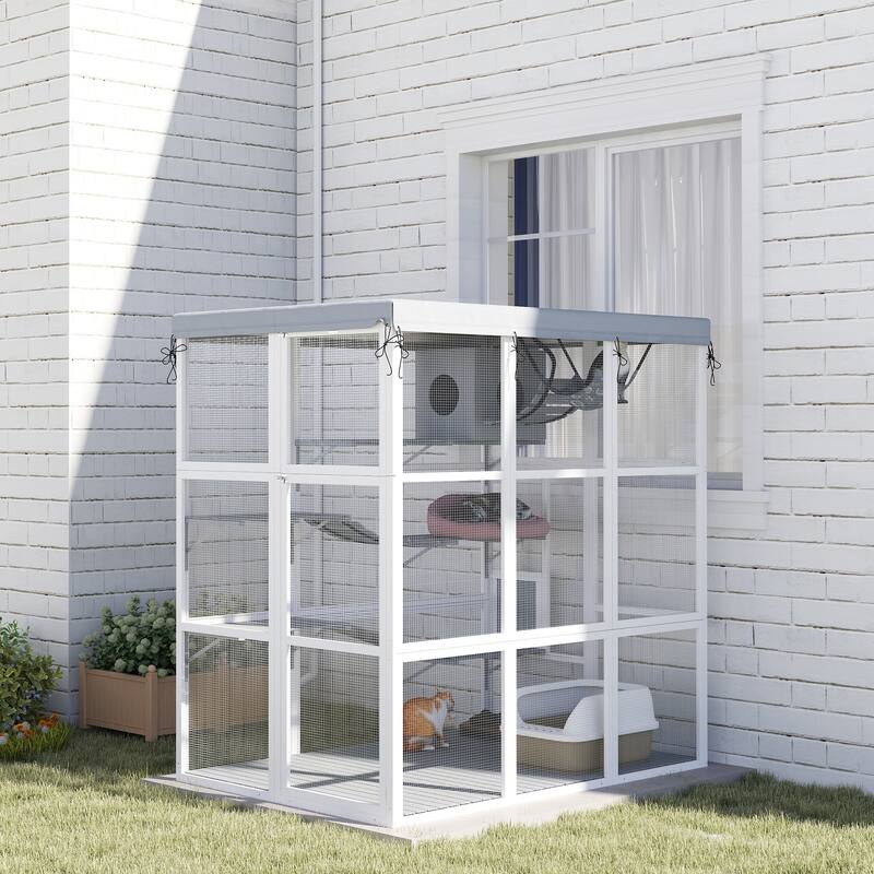 PawHut Catio Outdoor Cat Enclosure, Large Luxury Cat House Outside with Hammock, Condo, Jump Platforms, Ladders, 71"