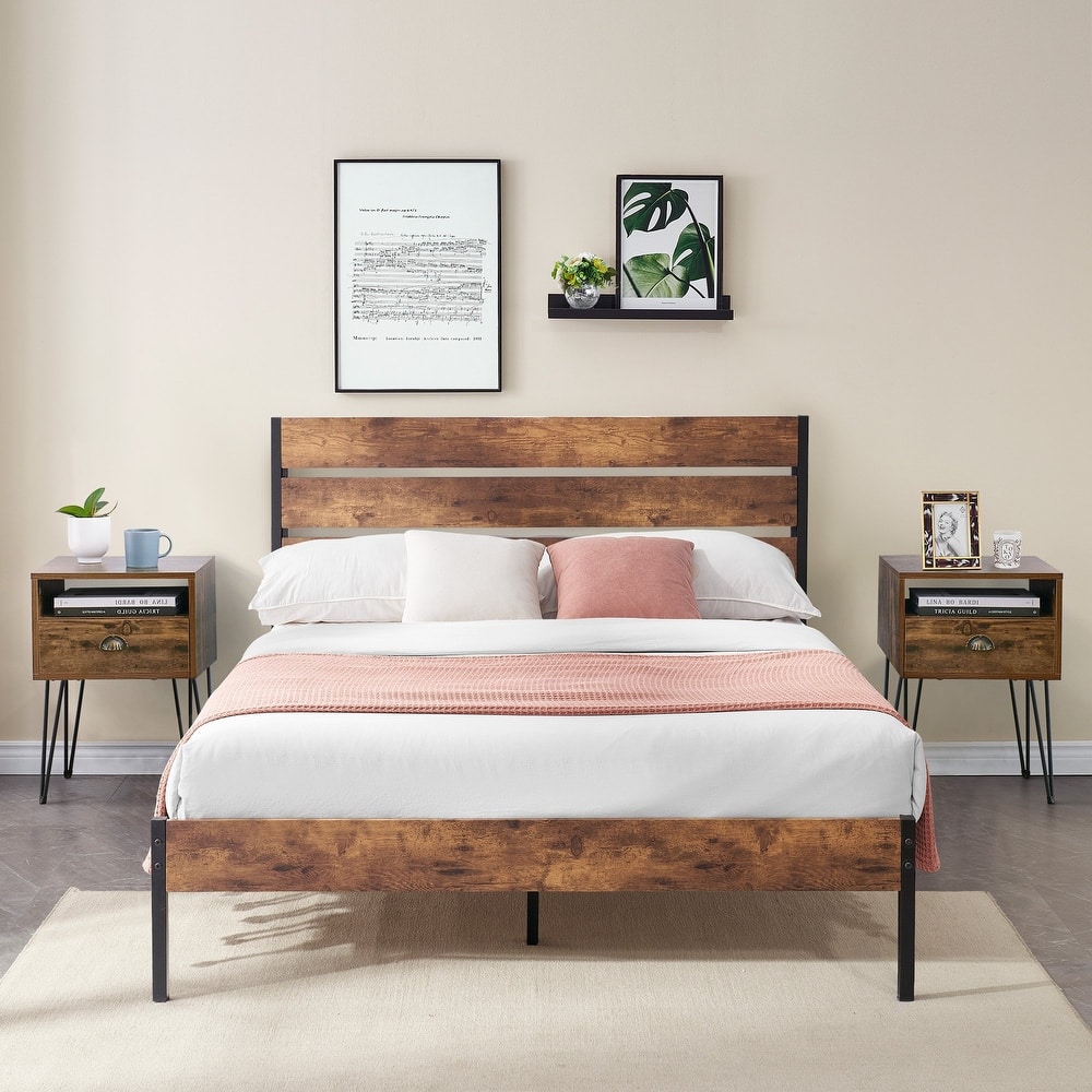 Taomika 3-Pieces Industrial Bed and Modern Square Nightstands Set