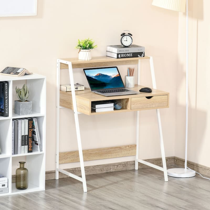 Particle Board and Steel Computer Desk with Shelves and Drawer - Natural-White