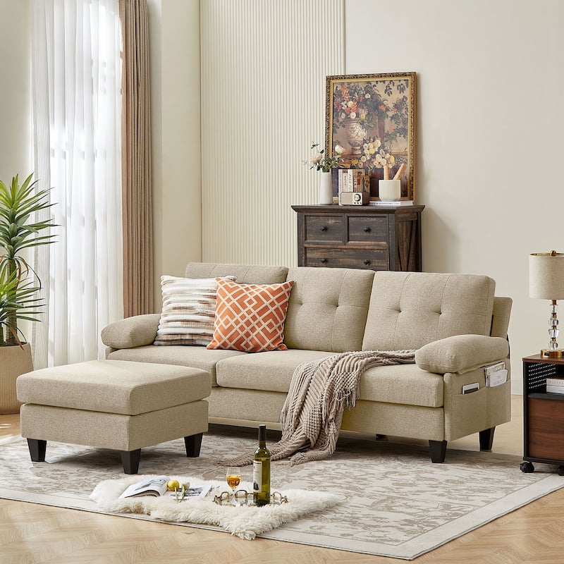 86.22" L Shaped Sectional Sofa with Side Storage Pockets - Beige