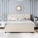 preview thumbnail 2 of 28, Linen Fabric Platform Bed with Brick Pattern Headboard, with Twin XL Trundle and 2 Drawers, Queen Size