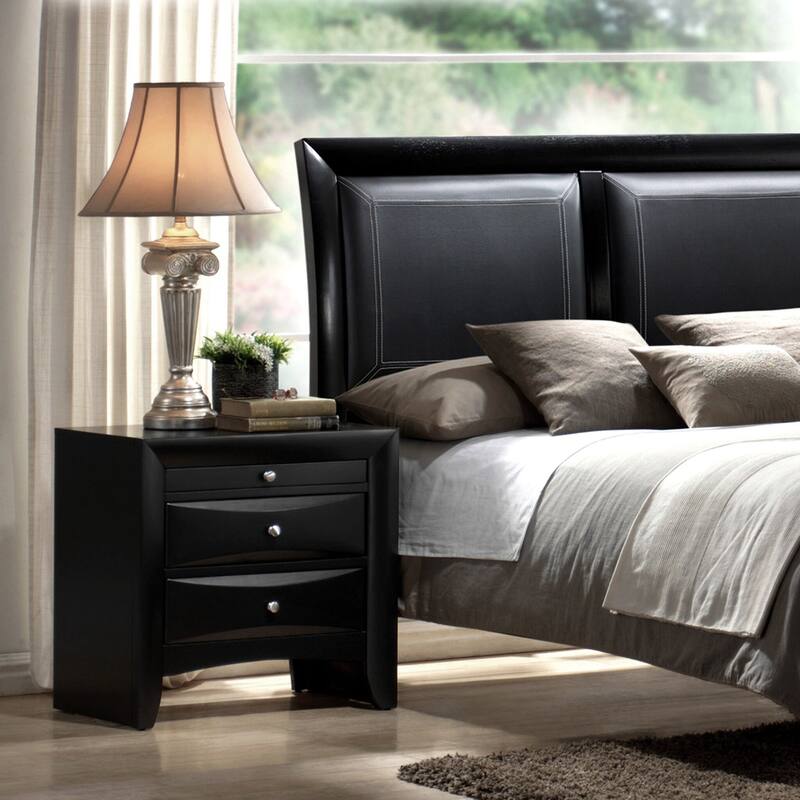 Contemporary Black Nightstand, 2 Drawers, Jewelry Tray, Solid Wood Bedroom Furniture