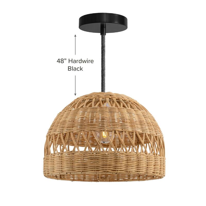 Radiant Rattan Pendant Light - Natural Dome 1-Light Handwoven Light Fixture For Modern, Transitional, Farmhouse Room Decor - 18'' - 48" Hardwire Black
