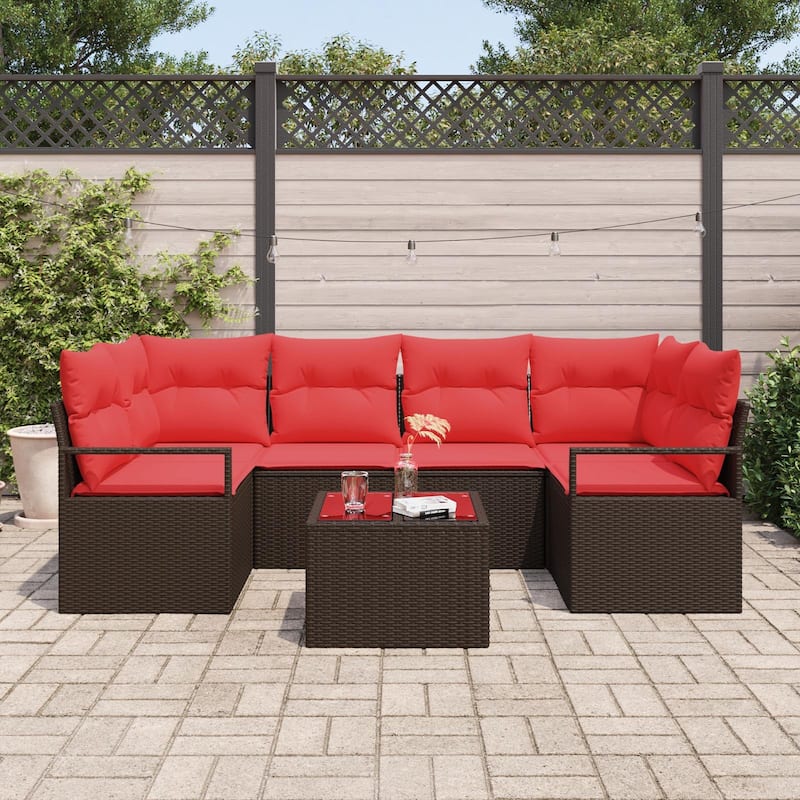 vidaXL 7 Garden Sofa Set with Cushions Black/Brown/Grey Poly Rattan - 92.1 x 48 x 27.2