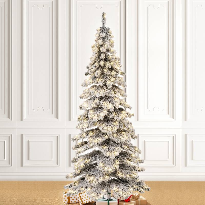 Glitzhome 6FT/7.5FT/9FT/11FT Snow Flocked Pre-lit Artificial Fir Christmas Trees