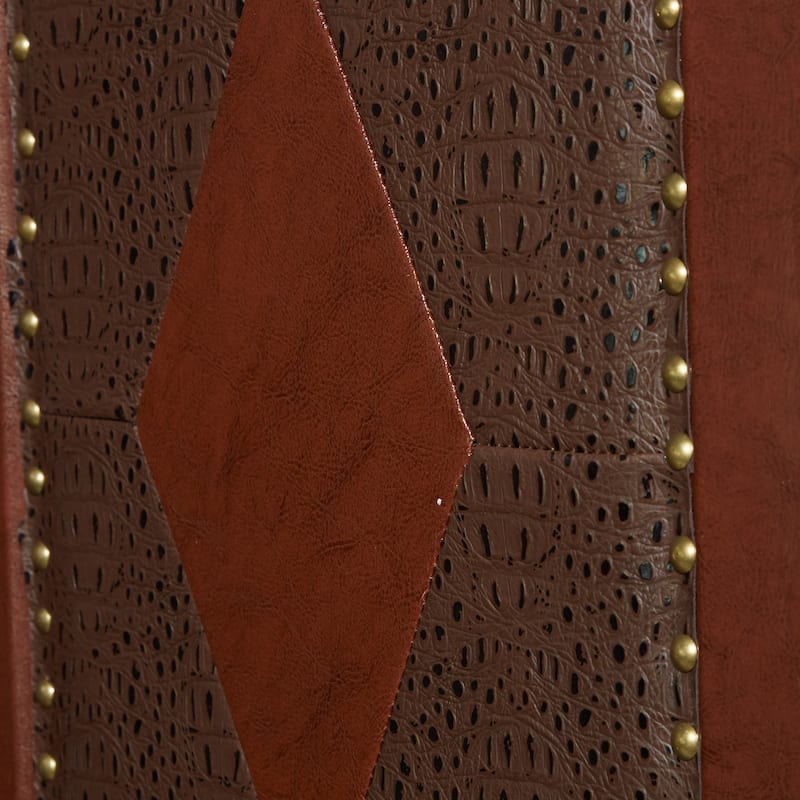 Brown Faux Leather Hinged Foldable Partition 4 Panel Scroll Partition Room Divider Screen with Faux Leather Detailing