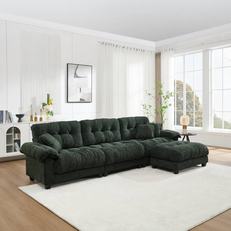 123.62" Modular Sofa L Shaped Chenille Sectional Sofa, 3 Seater Straight Row Sofa with Movable Ottoman for Living Room - Green