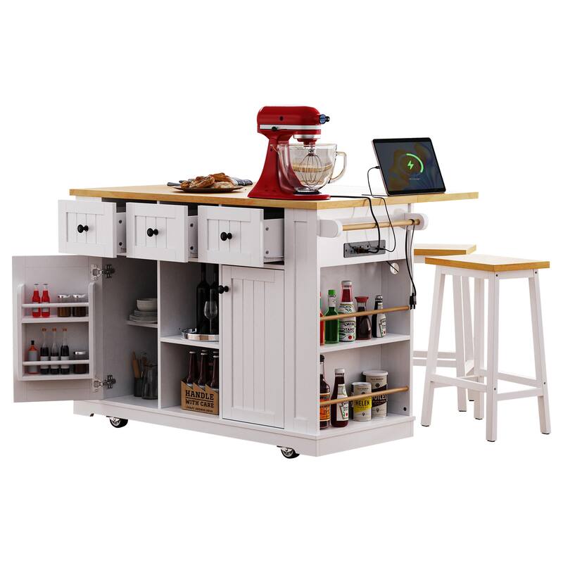 Large Kitchen Island with 2 Bar Stools, Power Outlet, Kitchen Storage Cart with Drop Leaf, 5 Open Side Racks, 3 Drawers