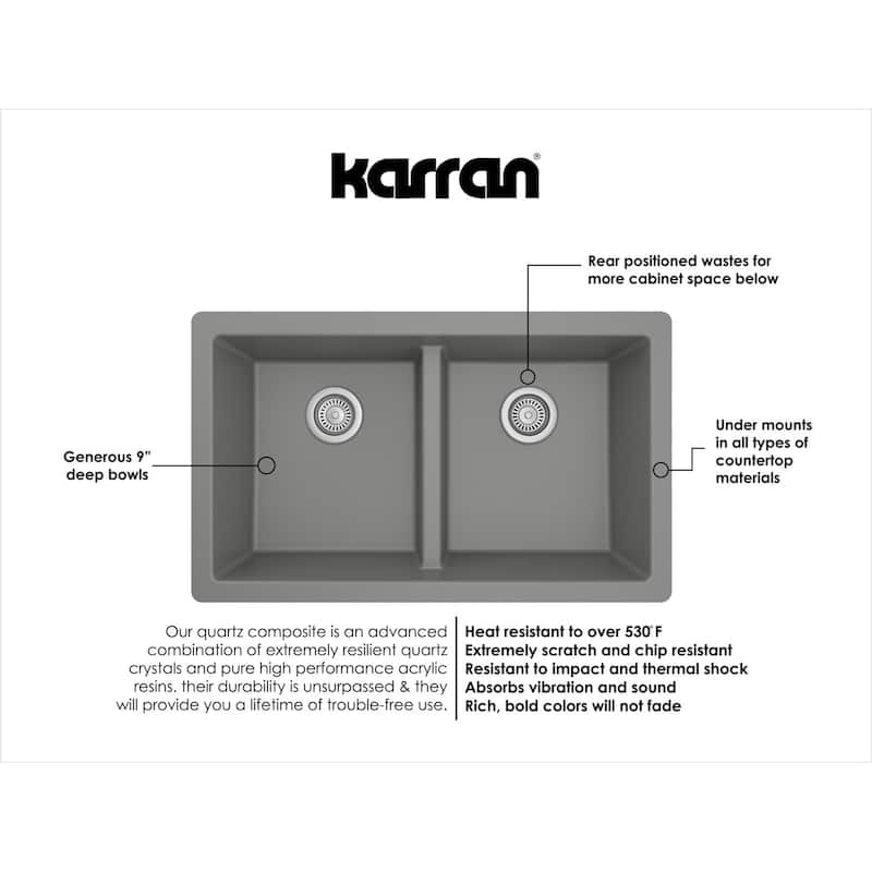 Karran 32" Undermount Double Equal Bowl Quartz Kitchen Sink Kit - 32" x 19.5" x 9"