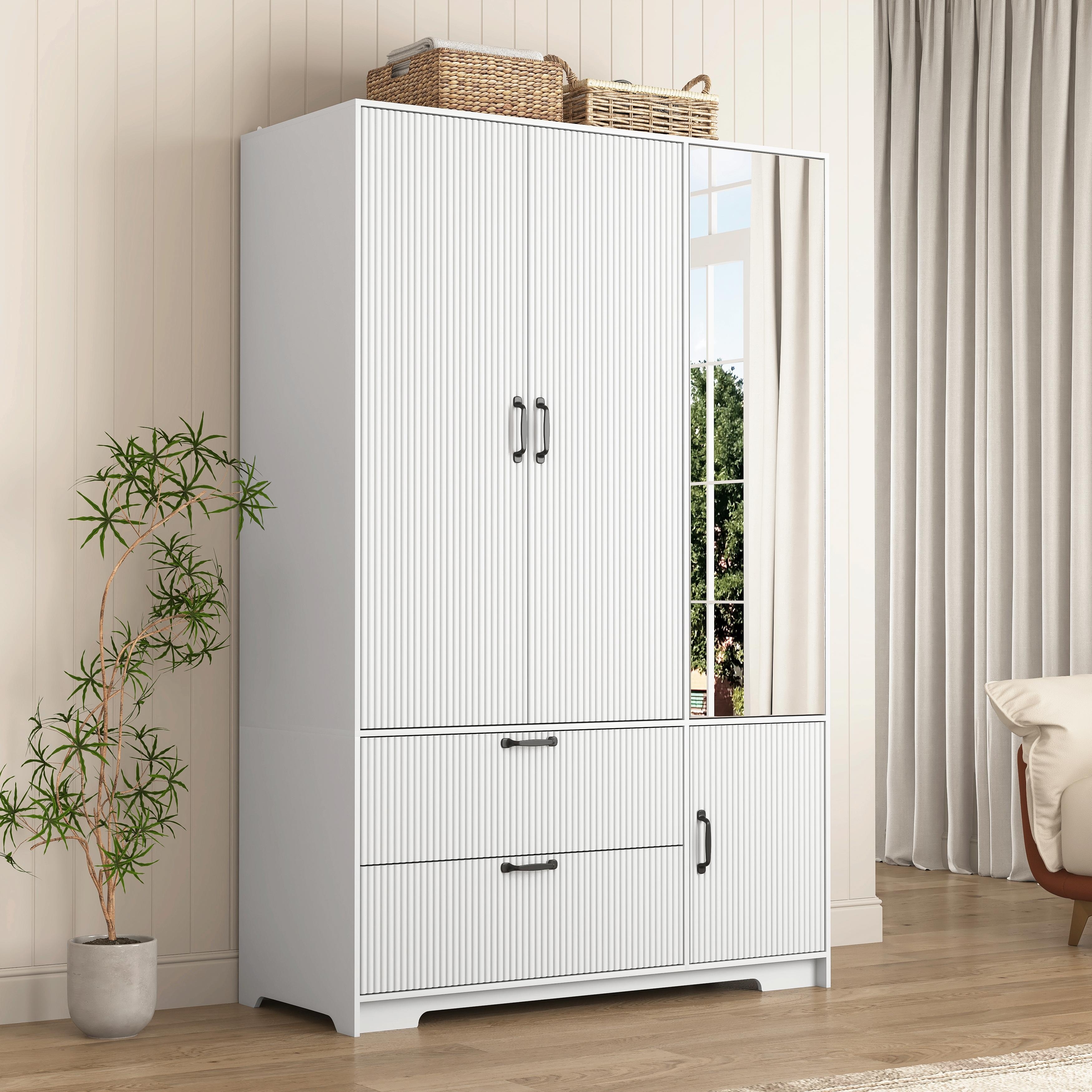 4-Door Wooden Wardrobe Closet with Mirror, LED Lights, 2 Drawers, Hanging Rod & Adjustable Shelves