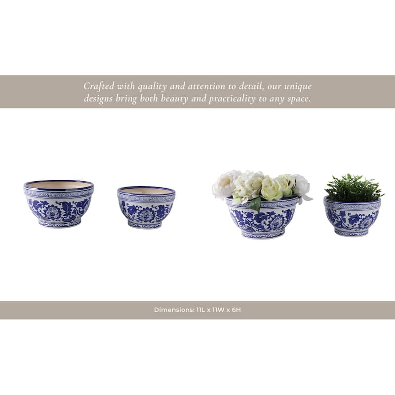 Decorative Stoneware Planters with Timeless Garden Design (Set of 2)