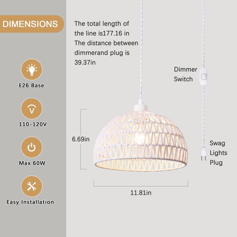 Plug in Handwoven Hemp Rope Lampshade Pendant Light with On/Off Switch
